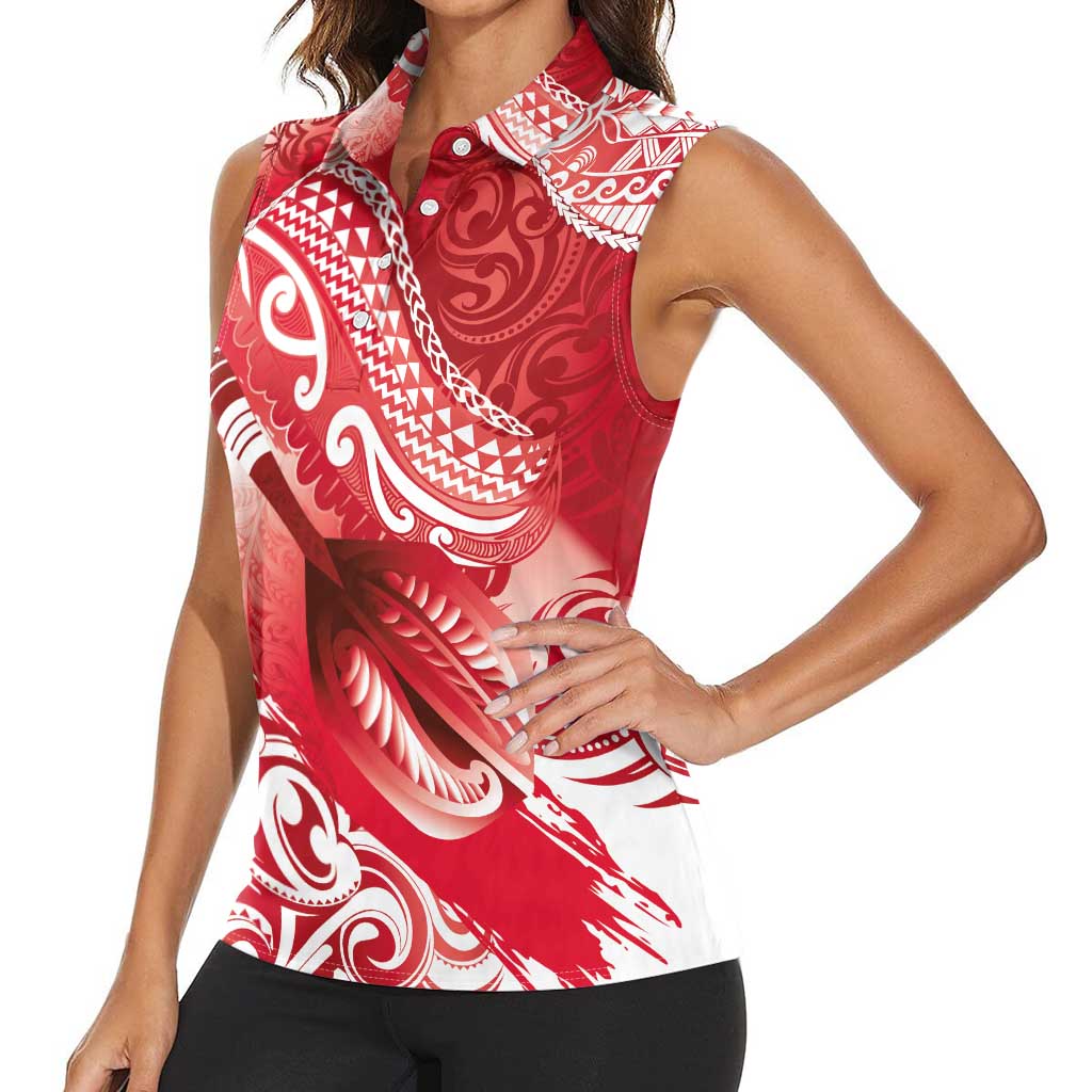 Personalised New Zealand Aotearoa Darts Masters Women Sleeveless Polo Shirt Maori Art Tattoo with Tribal Dart Symbol Red - Polynesian Pride