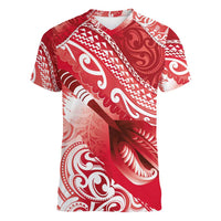 Personalised New Zealand Aotearoa Darts Masters Women V-Neck T-Shirt Maori Art Tattoo with Tribal Dart Symbol Red - Polynesian Pride