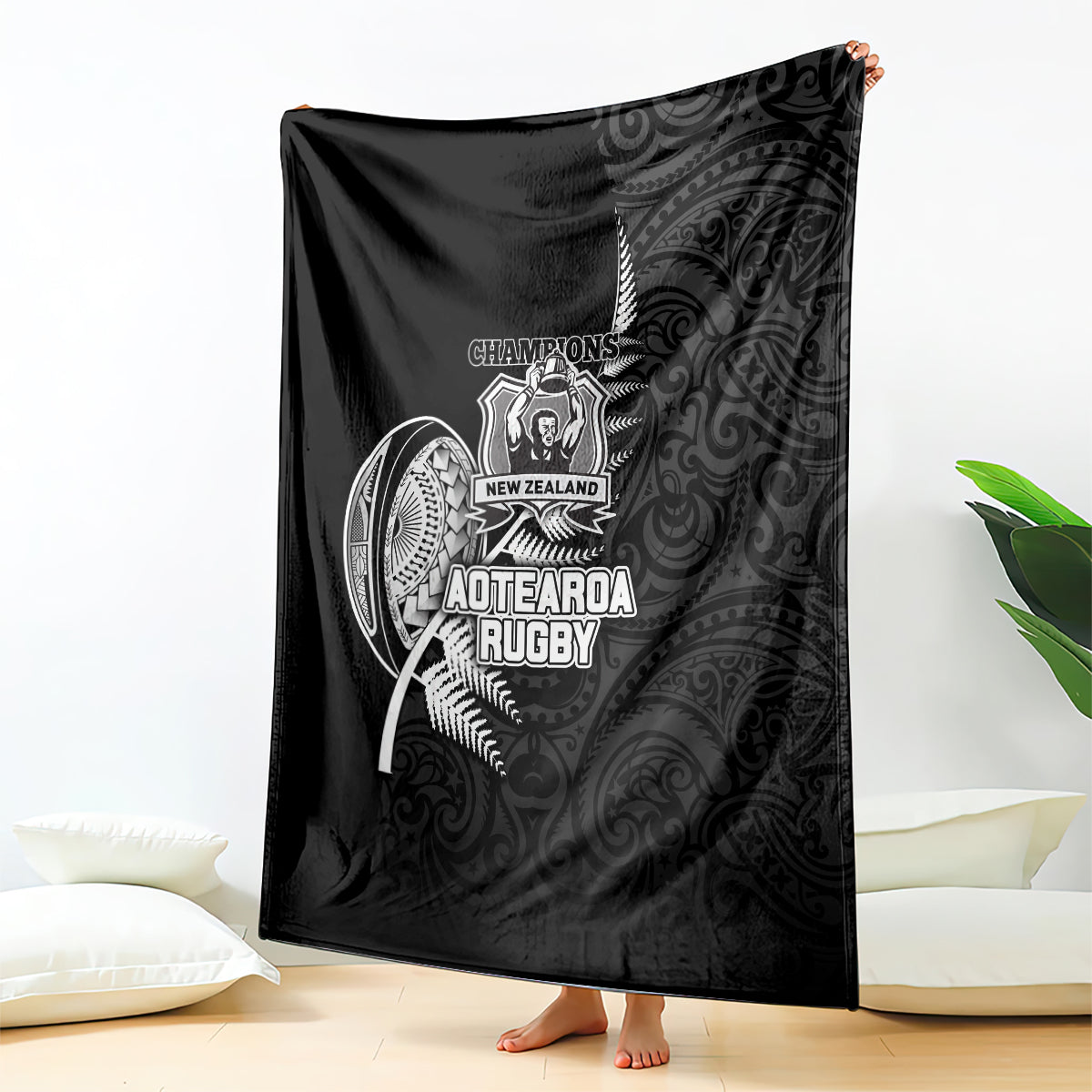 New Zealand World Cup 2023 Blanket Aotearoa Champion Rugby with Silver Fern Maori Ethnic Pattern LT03 Black - Polynesian Pride