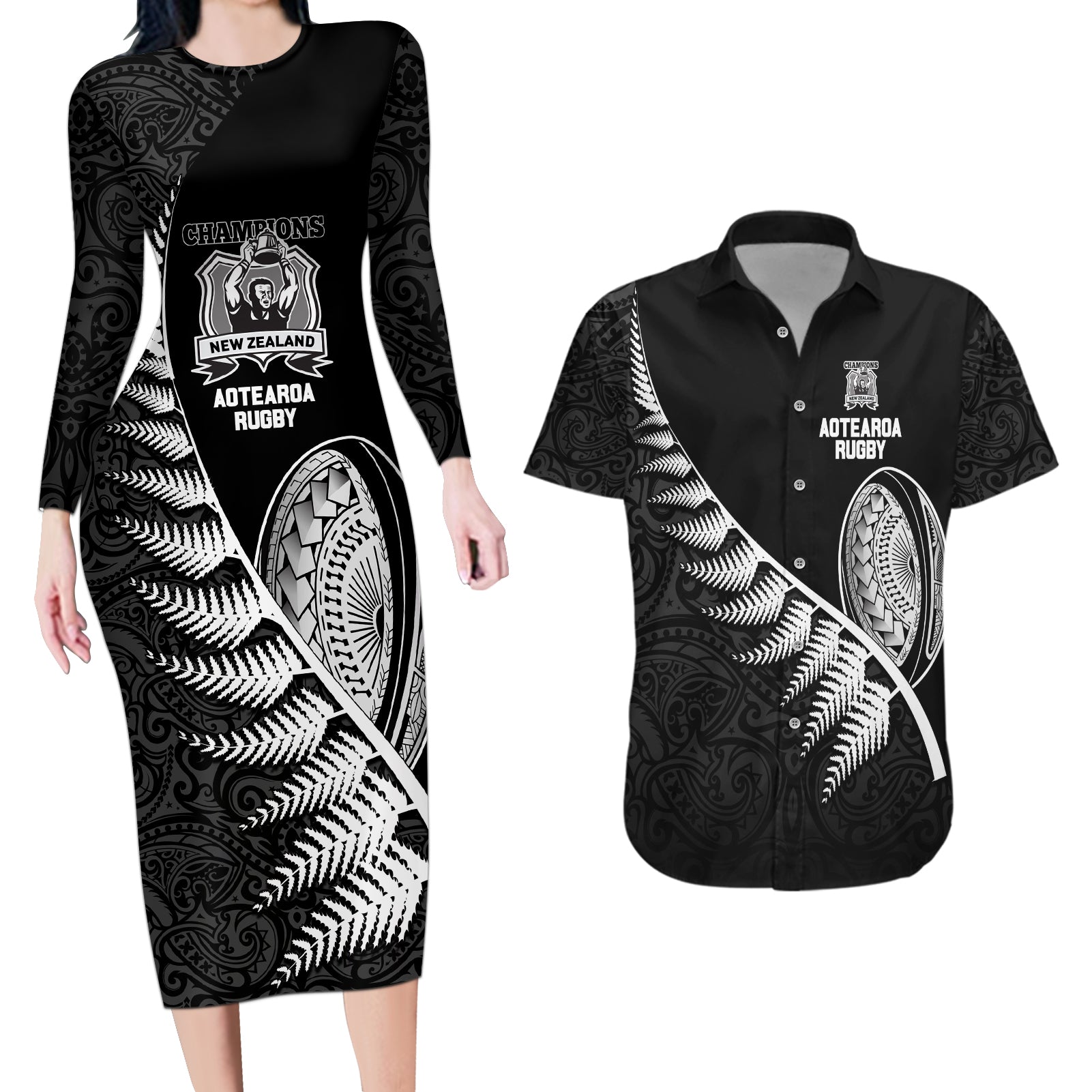 New Zealand World Cup 2023 Couples Matching Long Sleeve Bodycon Dress and Hawaiian Shirt Aotearoa Champion Rugby with Silver Fern Maori Ethnic Pattern LT03 Black - Polynesian Pride