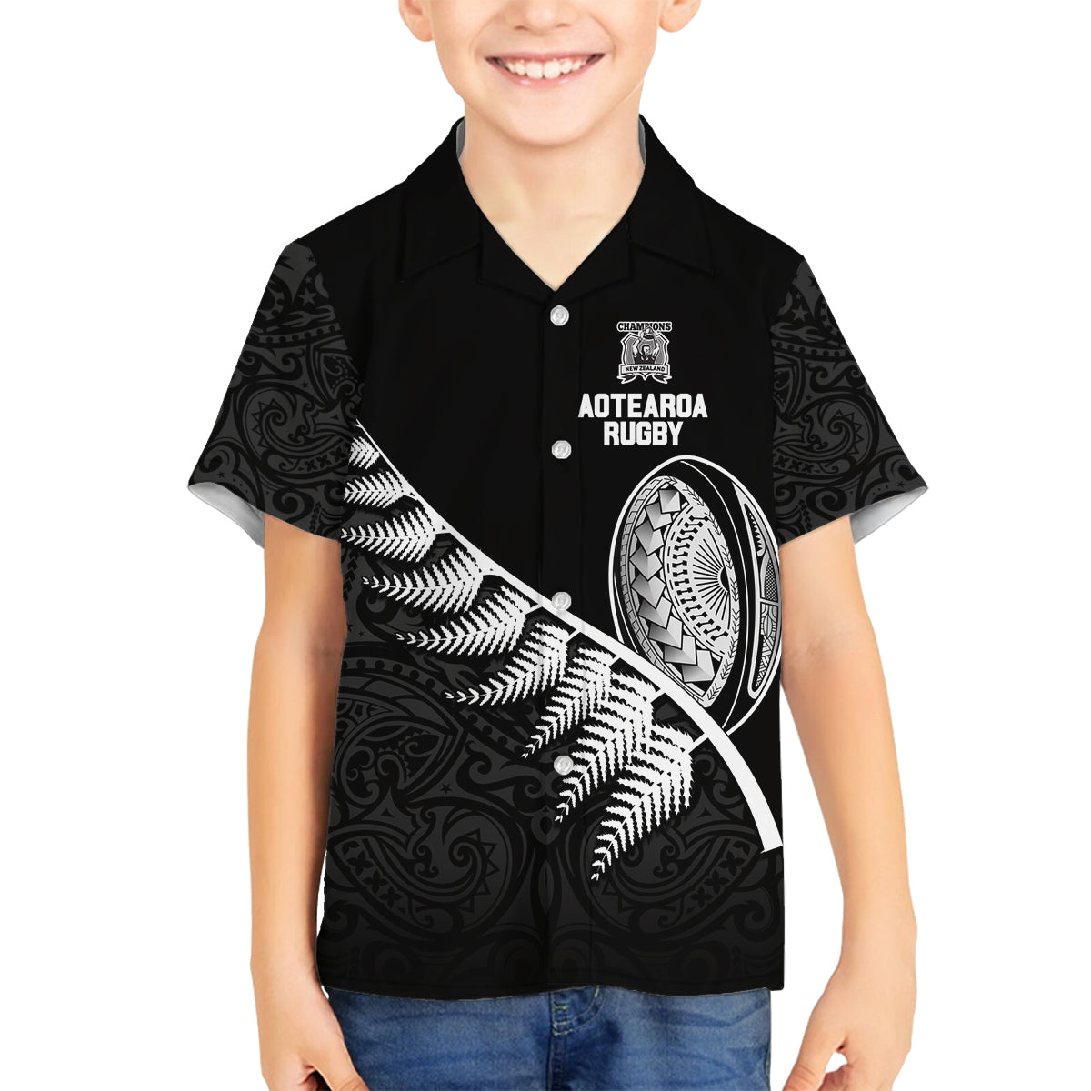 New Zealand World Cup 2023 Family Matching Off Shoulder Long Sleeve Dress and Hawaiian Shirt Aotearoa Champion Rugby with Silver Fern Maori Ethnic Pattern LT03 Son's Shirt Black - Polynesian Pride