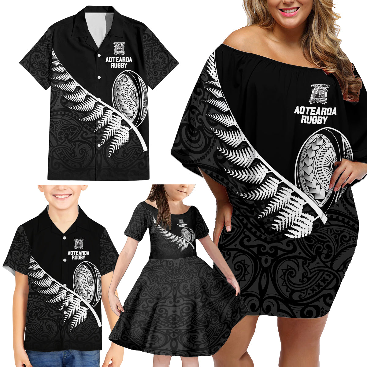 New Zealand World Cup 2023 Family Matching Off Shoulder Short Dress and Hawaiian Shirt Aotearoa Champion Rugby with Silver Fern Maori Ethnic Pattern LT03 - Polynesian Pride