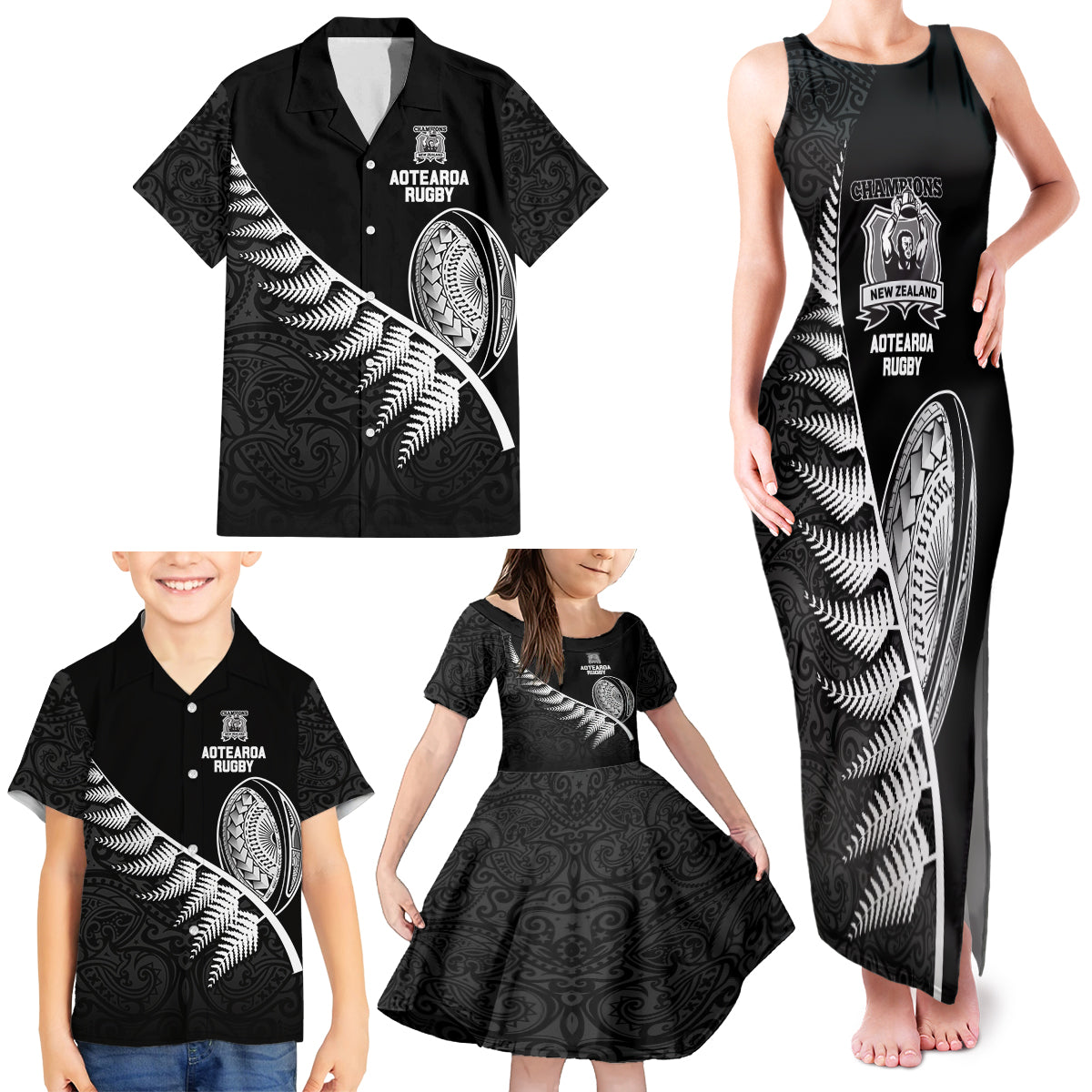 New Zealand World Cup 2023 Family Matching Tank Maxi Dress and Hawaiian Shirt Aotearoa Champion Rugby with Silver Fern Maori Ethnic Pattern LT03 - Polynesian Pride