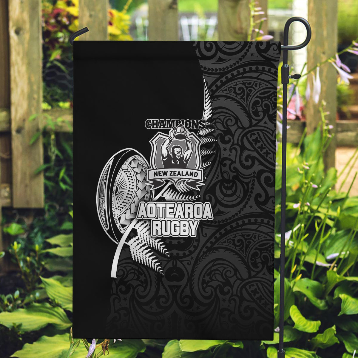 New Zealand World Cup 2023 Garden Flag Aotearoa Champion Rugby with Silver Fern Maori Ethnic Pattern LT03 Garden Flag Black - Polynesian Pride