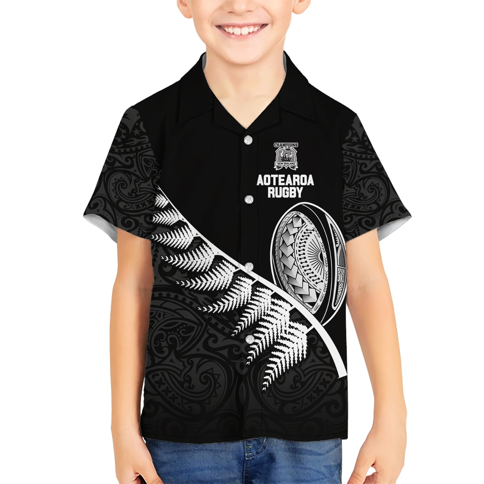 New Zealand World Cup 2023 Kid Hawaiian Shirt Aotearoa Champion Rugby with Silver Fern Maori Ethnic Pattern LT03 Kid Black - Polynesian Pride