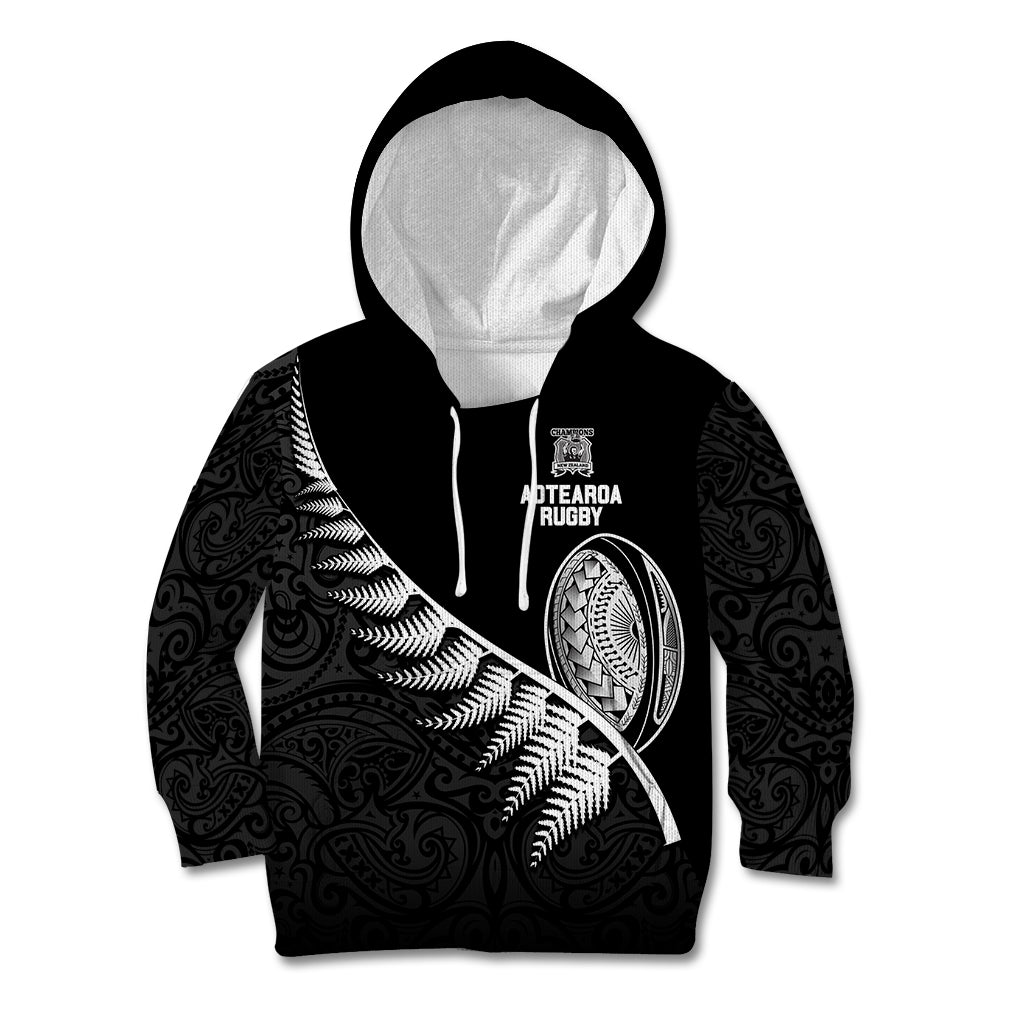 New Zealand World Cup 2023 Kid Hoodie Aotearoa Champion Rugby with Silver Fern Maori Ethnic Pattern LT03 Hoodie Black - Polynesian Pride