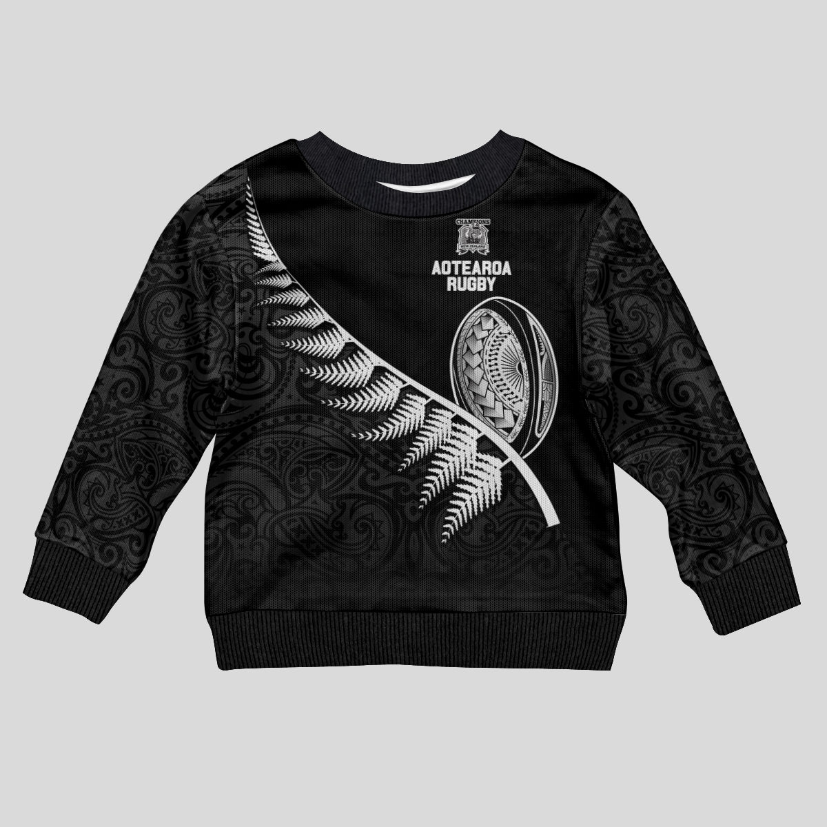 New Zealand World Cup 2023 Kid Ugly Christmas Sweater Aotearoa Champion Rugby with Silver Fern Maori Ethnic Pattern LT03 Kid Black - Polynesian Pride