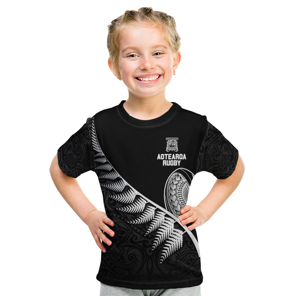 New Zealand World Cup 2023 Kid T Shirt Aotearoa Champion Rugby with Silver Fern Maori Ethnic Pattern LT03 Black - Polynesian Pride