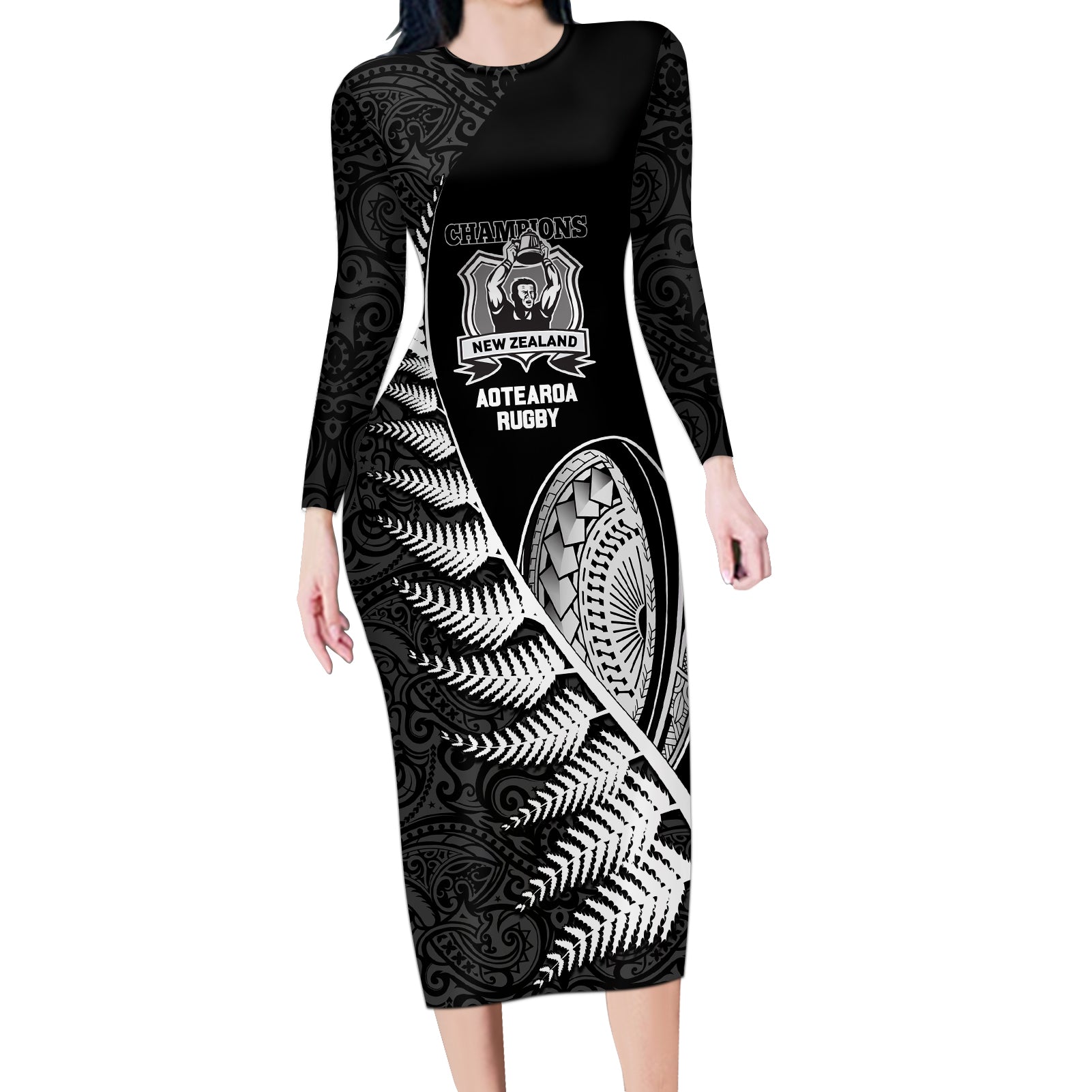 New Zealand World Cup 2023 Long Sleeve Bodycon Dress Aotearoa Champion Rugby with Silver Fern Maori Ethnic Pattern LT03 Long Dress Black - Polynesian Pride