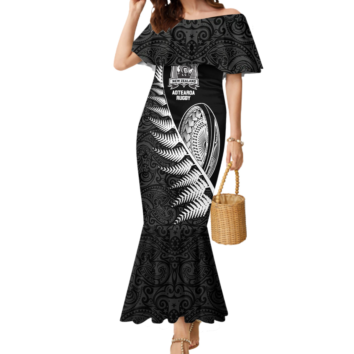 New Zealand World Cup 2023 Mermaid Dress Aotearoa Champion Rugby with Silver Fern Maori Ethnic Pattern LT03 Women Black - Polynesian Pride