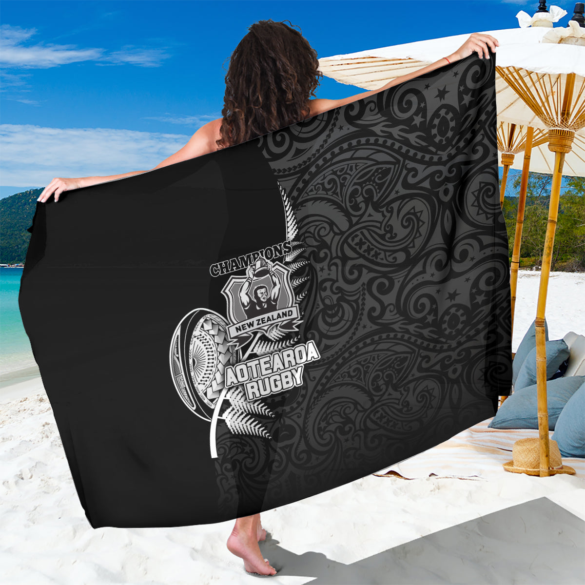 New Zealand World Cup 2023 Sarong Aotearoa Champion Rugby with Silver Fern Maori Ethnic Pattern LT03 One Size 44 x 66 inches Black - Polynesian Pride