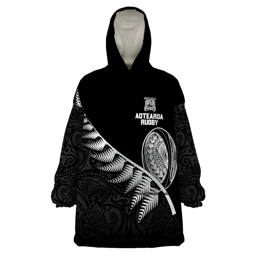 New Zealand World Cup 2023 Wearable Blanket Hoodie Aotearoa Champion Rugby with Silver Fern Maori Ethnic Pattern LT03 One Size Black - Polynesian Pride