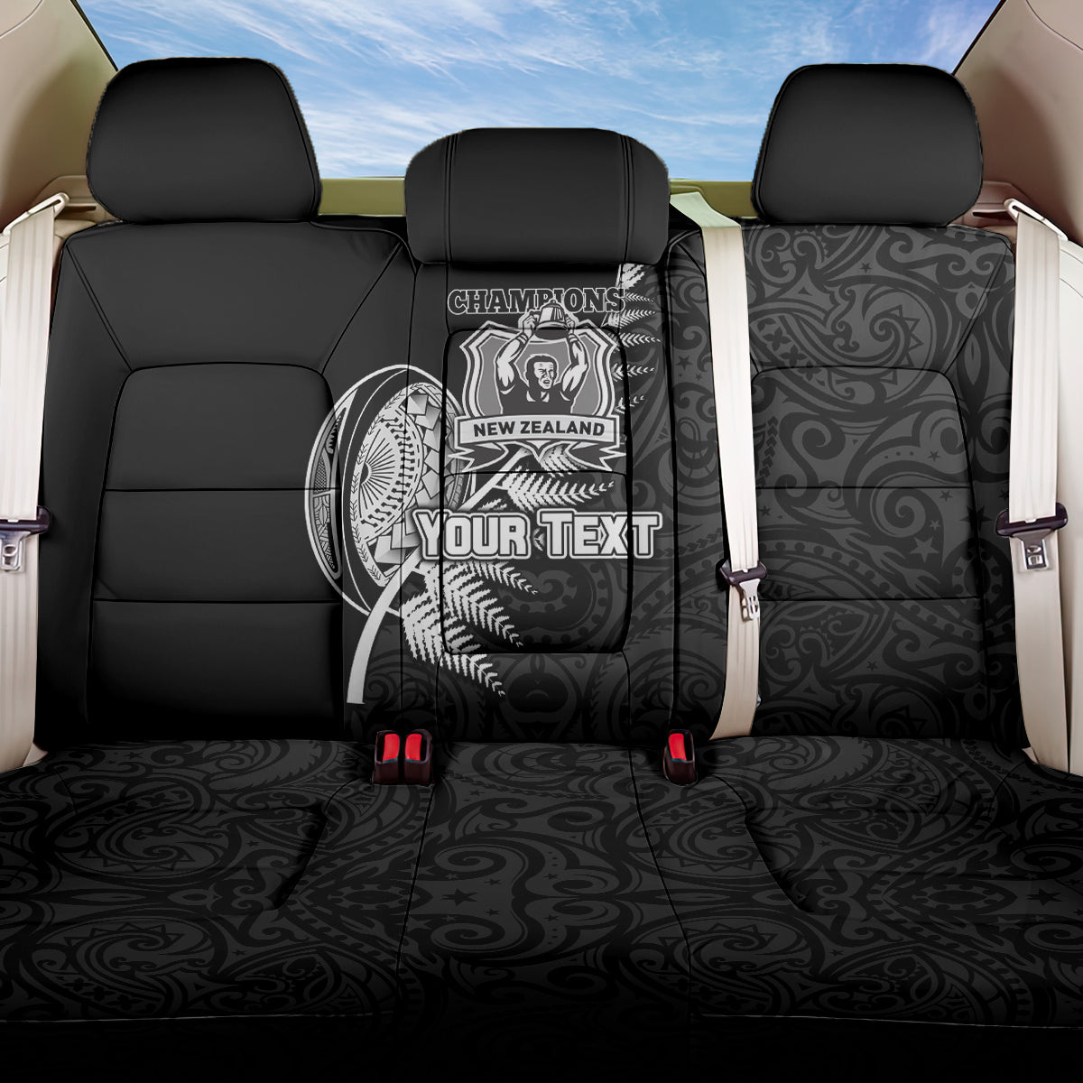 Custom New Zealand World Cup 2023 Back Car Seat Cover Aotearoa Champion Rugby with Silver Fern Maori Ethnic Pattern