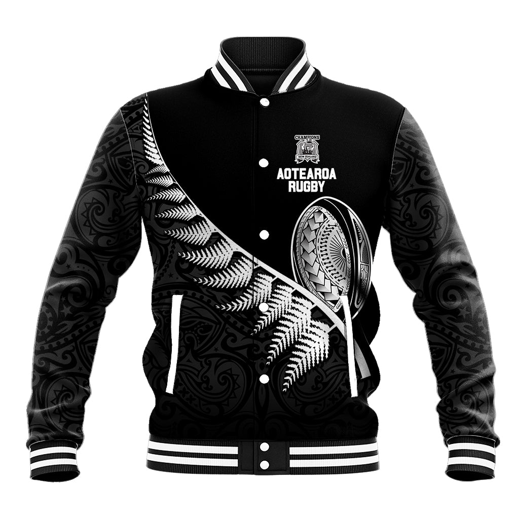 Custom New Zealand World Cup 2023 Baseball Jacket Aotearoa Champion Rugby with Silver Fern Maori Ethnic Pattern LT03 Unisex Black - Polynesian Pride