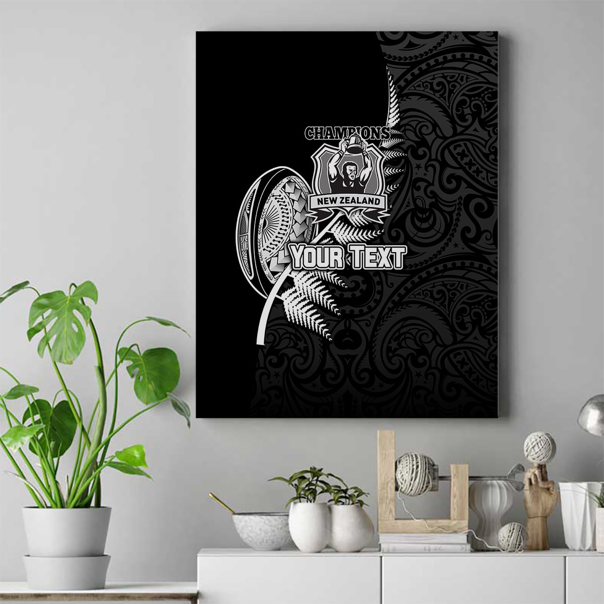 Custom New Zealand World Cup 2023 Canvas Wall Art Aotearoa Champion Rugby with Silver Fern Maori Ethnic Pattern LT03 Black - Polynesian Pride