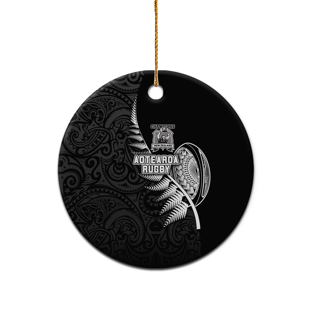 Custom New Zealand World Cup 2023 Ceramic Ornament Aotearoa Champion Rugby with Silver Fern Maori Ethnic Pattern LT03 - Polynesian Pride