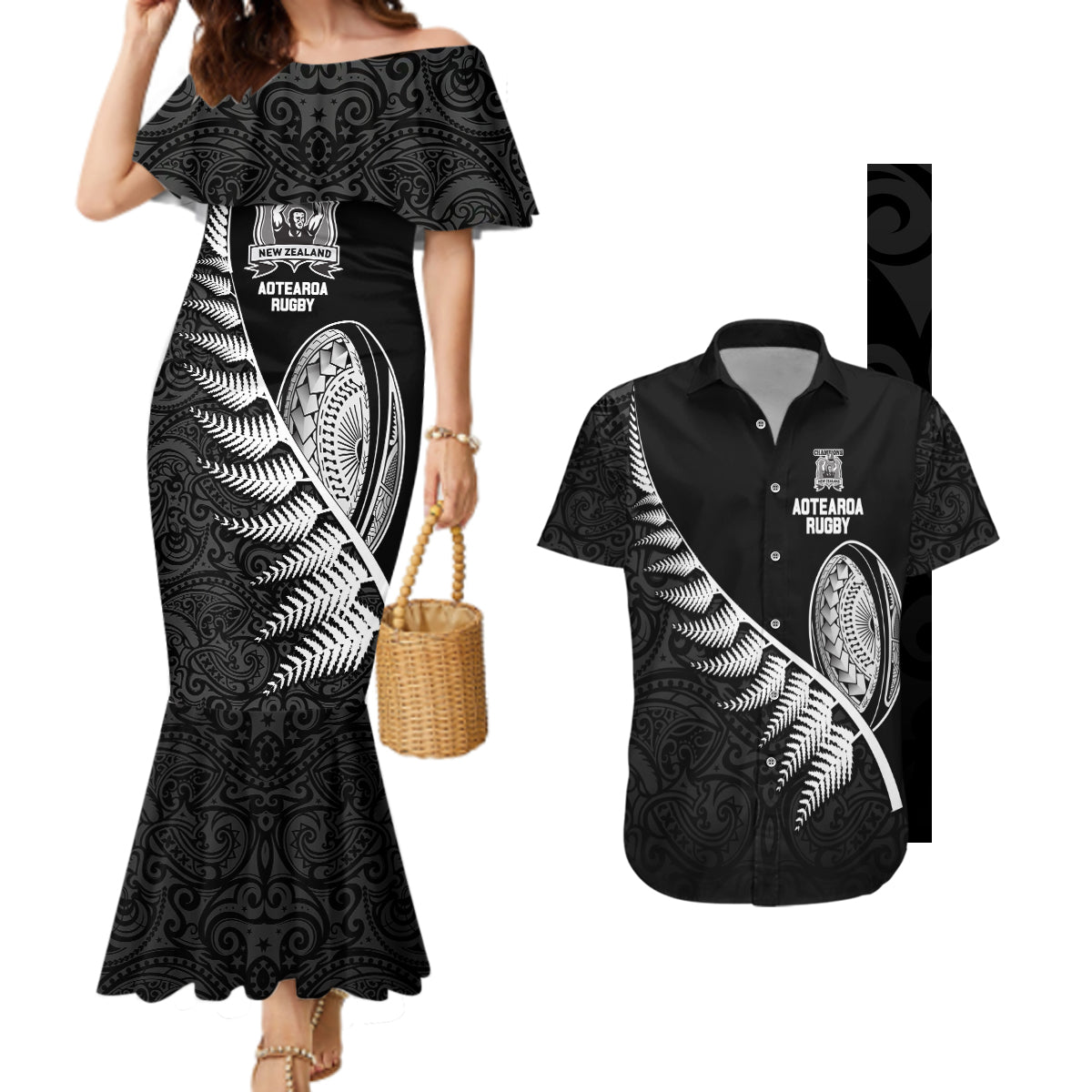 Custom New Zealand World Cup 2023 Couples Matching Mermaid Dress and Hawaiian Shirt Aotearoa Champion Rugby with Silver Fern Maori Ethnic Pattern LT03 Black - Polynesian Pride