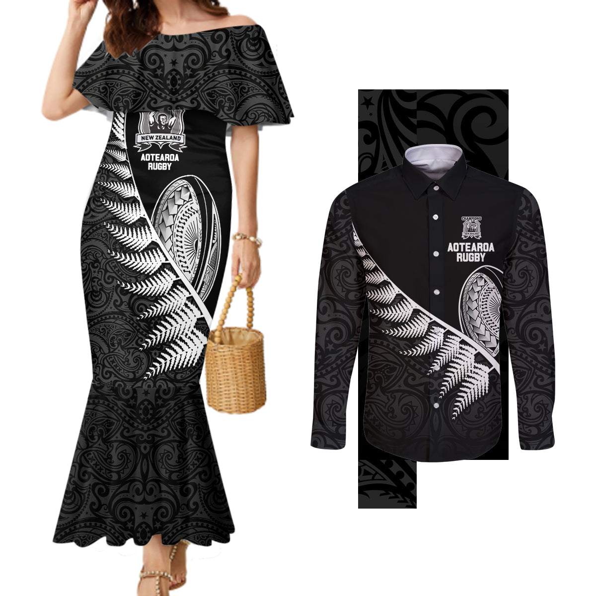 Custom New Zealand World Cup 2023 Couples Matching Mermaid Dress and Long Sleeve Button Shirt Aotearoa Champion Rugby with Silver Fern Maori Ethnic Pattern LT03 Black - Polynesian Pride