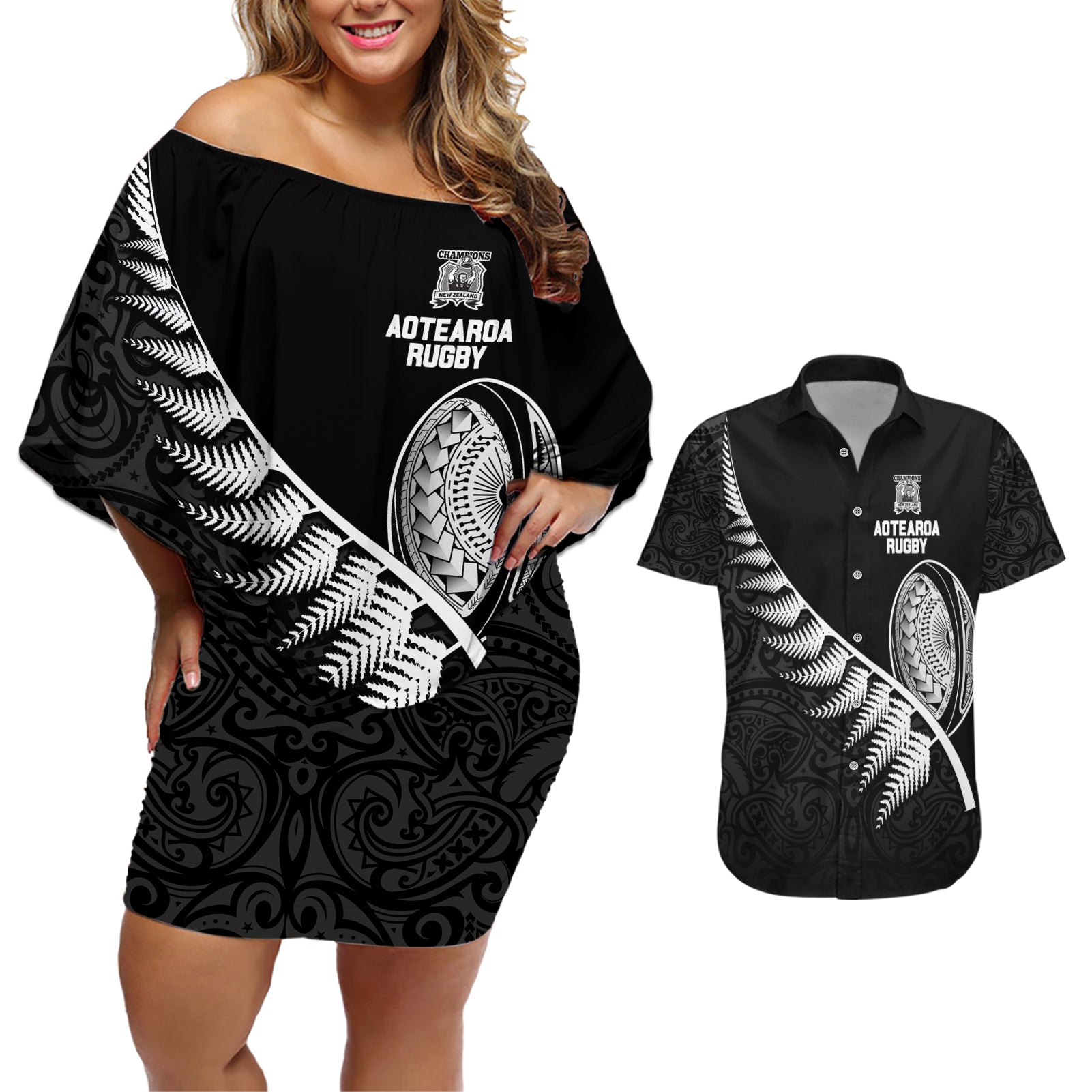 Custom New Zealand World Cup 2023 Couples Matching Off Shoulder Short Dress and Hawaiian Shirt Aotearoa Champion Rugby with Silver Fern Maori Ethnic Pattern LT03 Black - Polynesian Pride