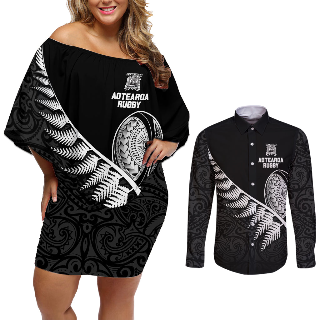 Custom New Zealand World Cup 2023 Couples Matching Off Shoulder Short Dress and Long Sleeve Button Shirt Aotearoa Champion Rugby with Silver Fern Maori Ethnic Pattern LT03 Black - Polynesian Pride