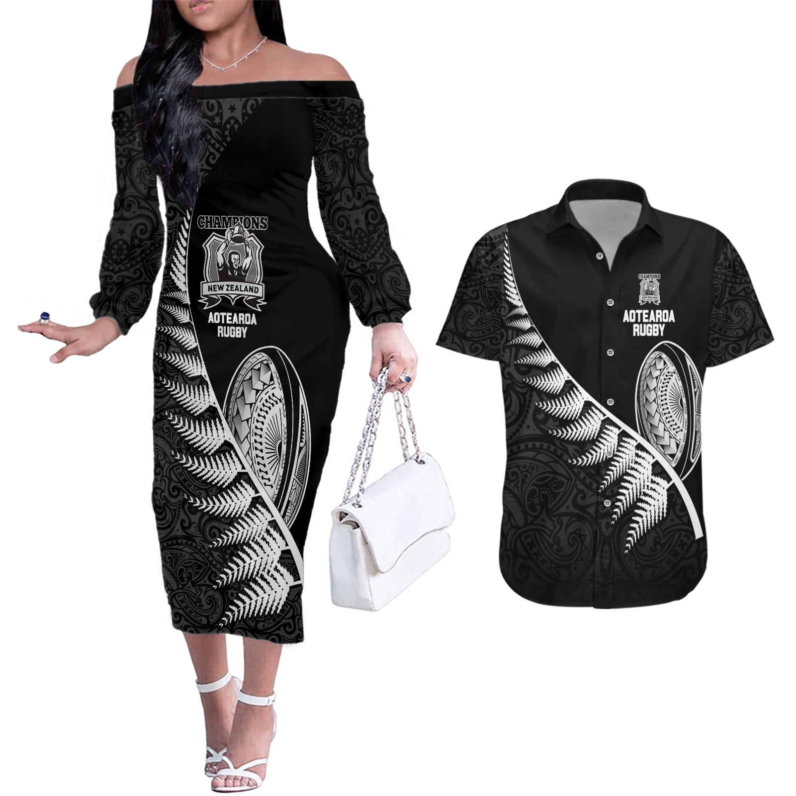 Custom New Zealand World Cup 2023 Couples Matching Off The Shoulder Long Sleeve Dress and Hawaiian Shirt Aotearoa Champion Rugby with Silver Fern Maori Ethnic Pattern LT03 Black - Polynesian Pride