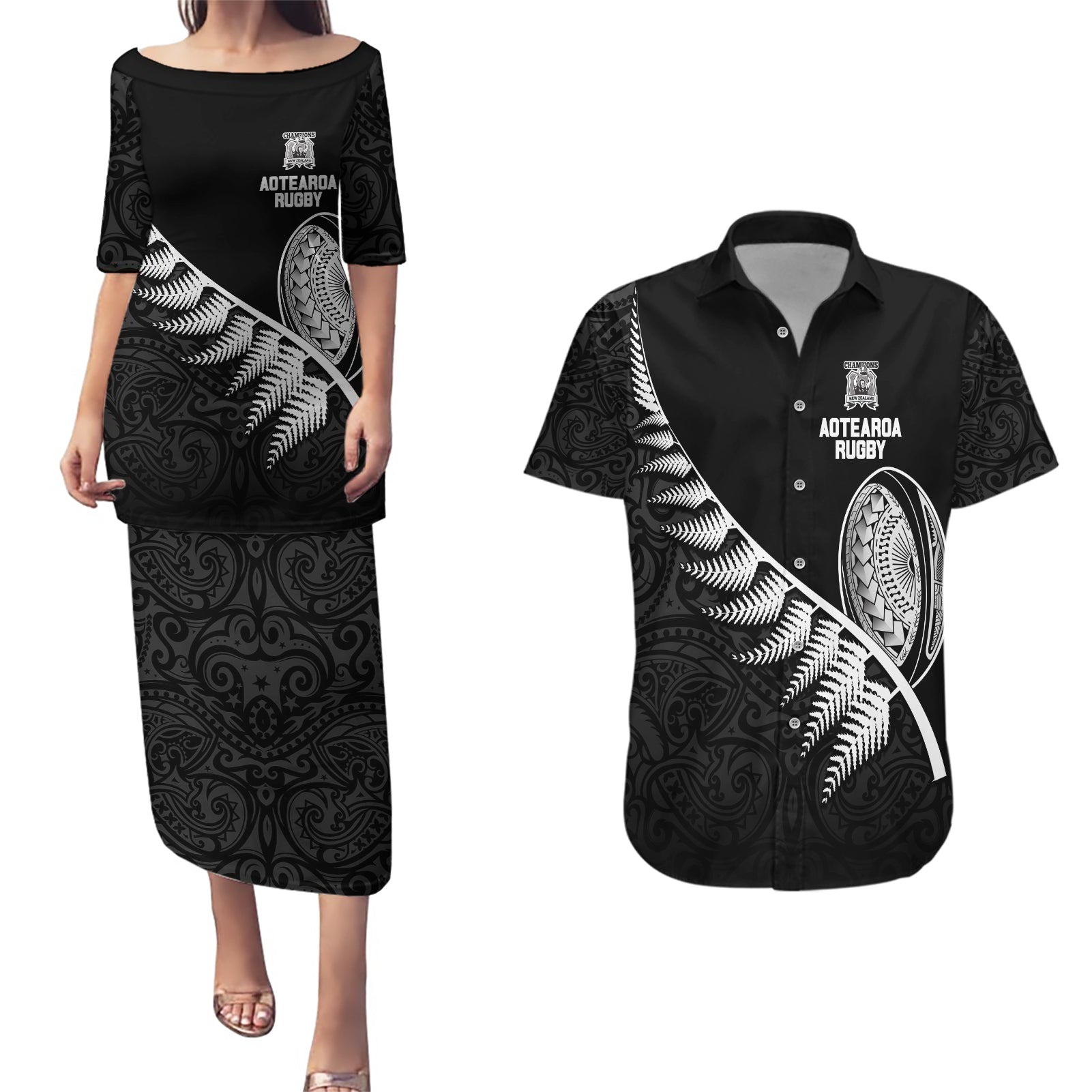 Custom New Zealand World Cup 2023 Couples Matching Puletasi Dress and Hawaiian Shirt Aotearoa Champion Rugby with Silver Fern Maori Ethnic Pattern LT03 Black - Polynesian Pride