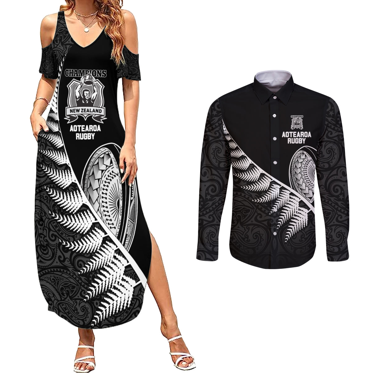 Custom New Zealand World Cup 2023 Couples Matching Summer Maxi Dress and Long Sleeve Button Shirt Aotearoa Champion Rugby with Silver Fern Maori Ethnic Pattern LT03 Black - Polynesian Pride