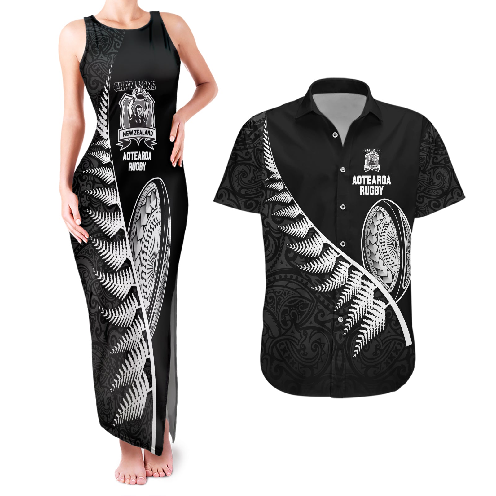 Custom New Zealand World Cup 2023 Couples Matching Tank Maxi Dress and Hawaiian Shirt Aotearoa Champion Rugby with Silver Fern Maori Ethnic Pattern LT03 Black - Polynesian Pride