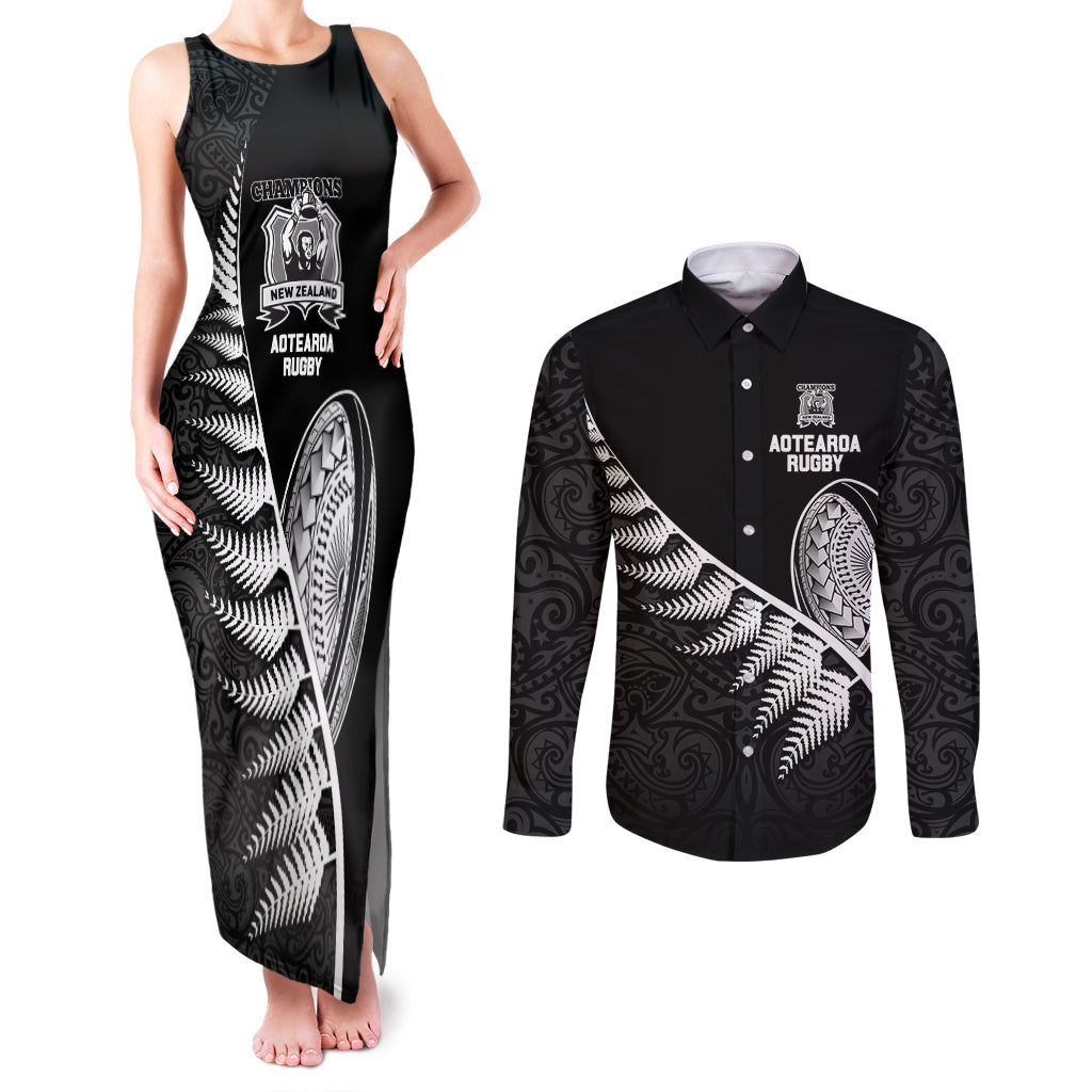 Custom New Zealand World Cup 2023 Couples Matching Tank Maxi Dress and Long Sleeve Button Shirt Aotearoa Champion Rugby with Silver Fern Maori Ethnic Pattern LT03 Black - Polynesian Pride