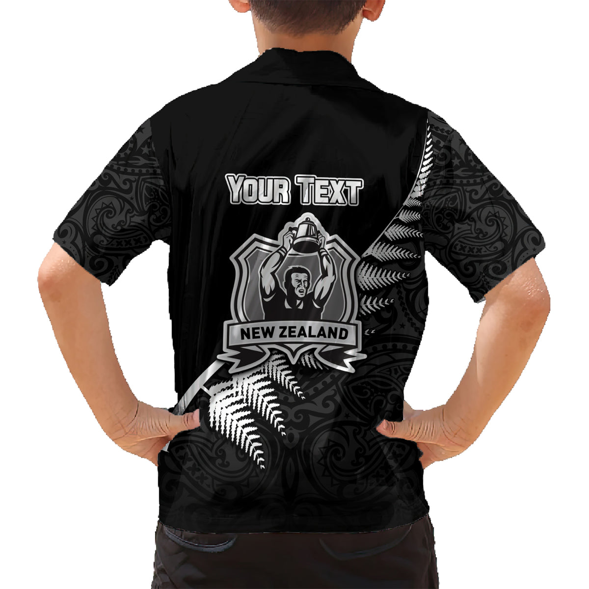 Custom New Zealand World Cup 2023 Kid Hawaiian Shirt Aotearoa Champion Rugby with Silver Fern Maori Ethnic Pattern LT03 - Polynesian Pride