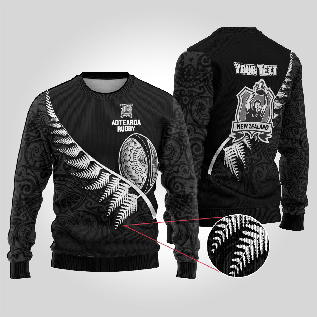 Custom New Zealand World Cup 2023 Ugly Christmas Sweater Aotearoa Champion Rugby with Silver Fern Maori Ethnic Pattern LT03 Black - Polynesian Pride