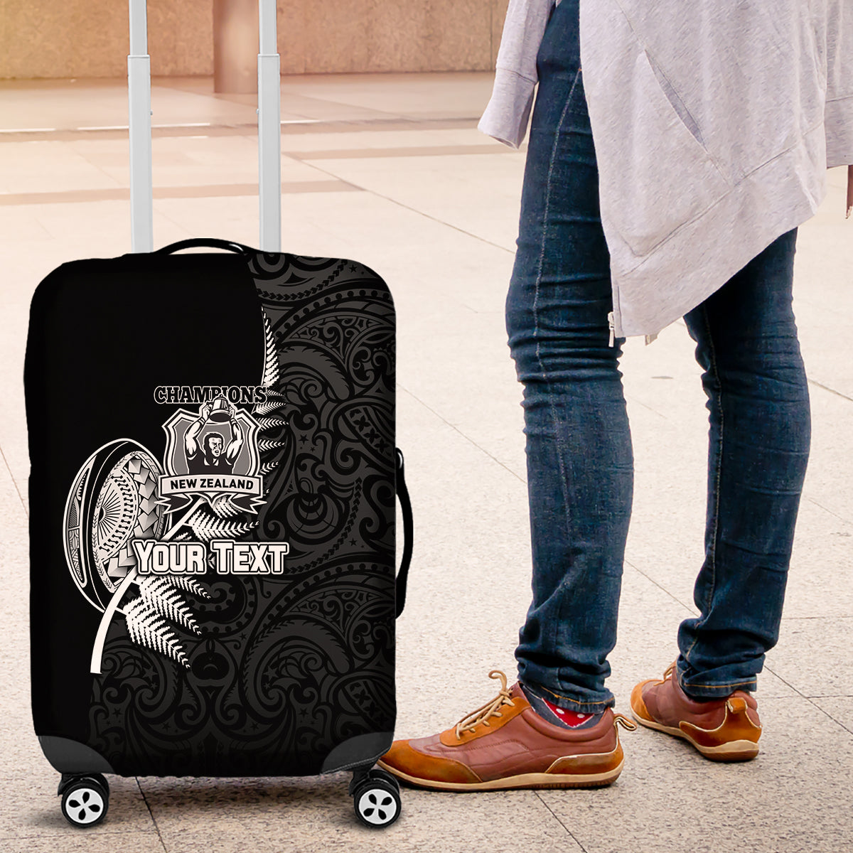 Custom New Zealand World Cup 2023 Luggage Cover Aotearoa Champion Rugby with Silver Fern Maori Ethnic Pattern LT03 Black - Polynesian Pride