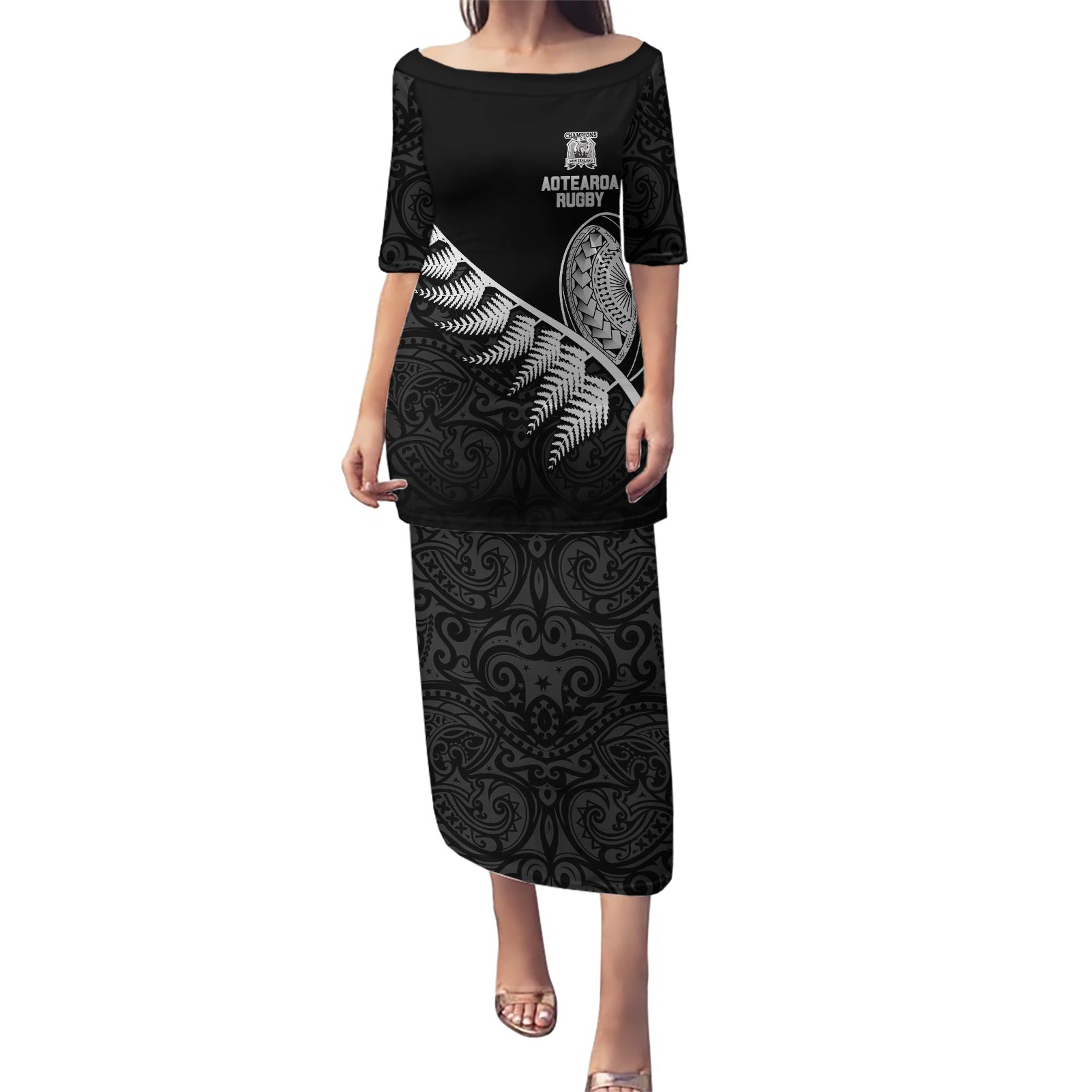 Custom New Zealand World Cup 2023 Puletasi Aotearoa Champion Rugby with Silver Fern Maori Ethnic Pattern LT03 Long Dress Black - Polynesian Pride