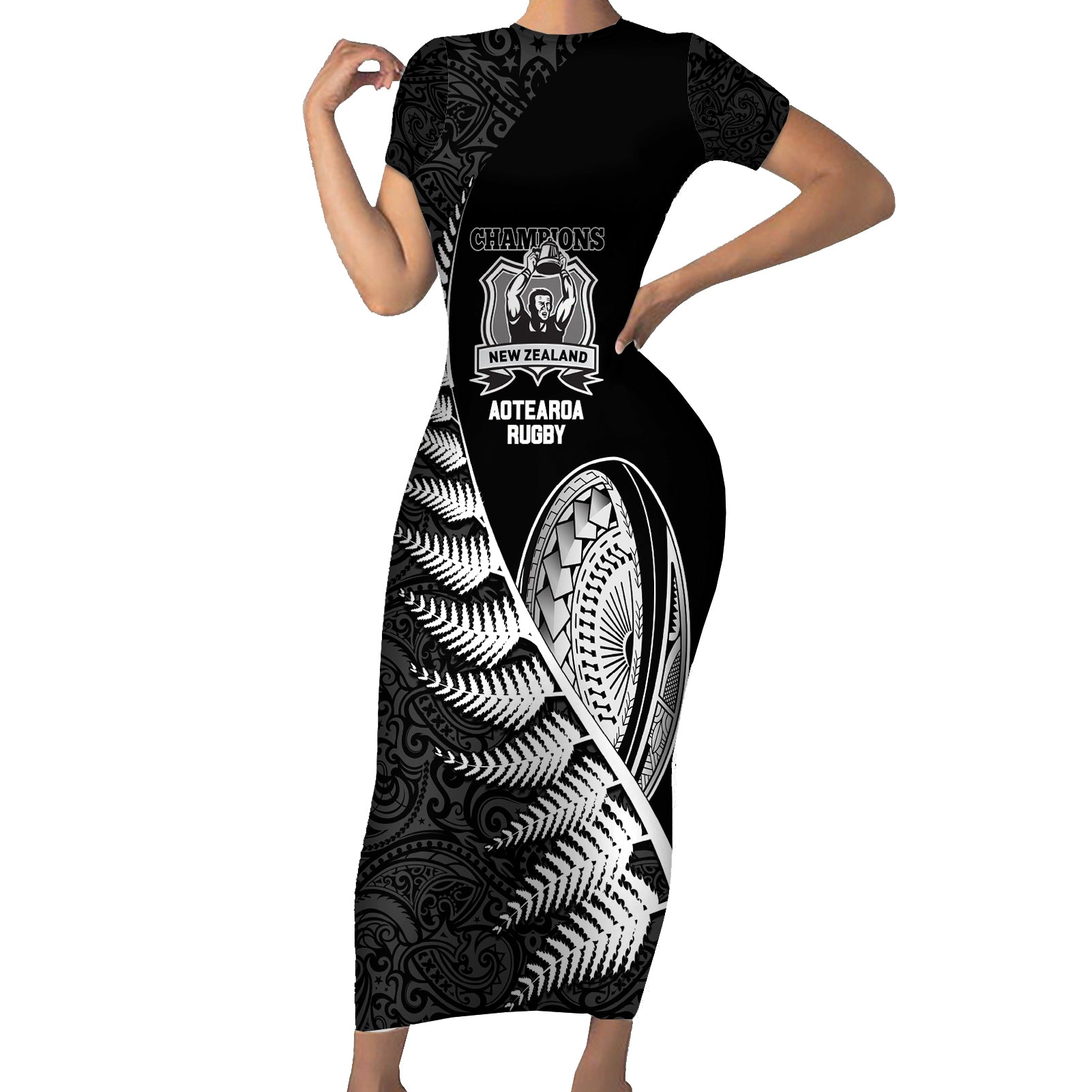 Custom New Zealand World Cup 2023 Short Sleeve Bodycon Dress Aotearoa Champion Rugby with Silver Fern Maori Ethnic Pattern LT03 Long Dress Black - Polynesian Pride