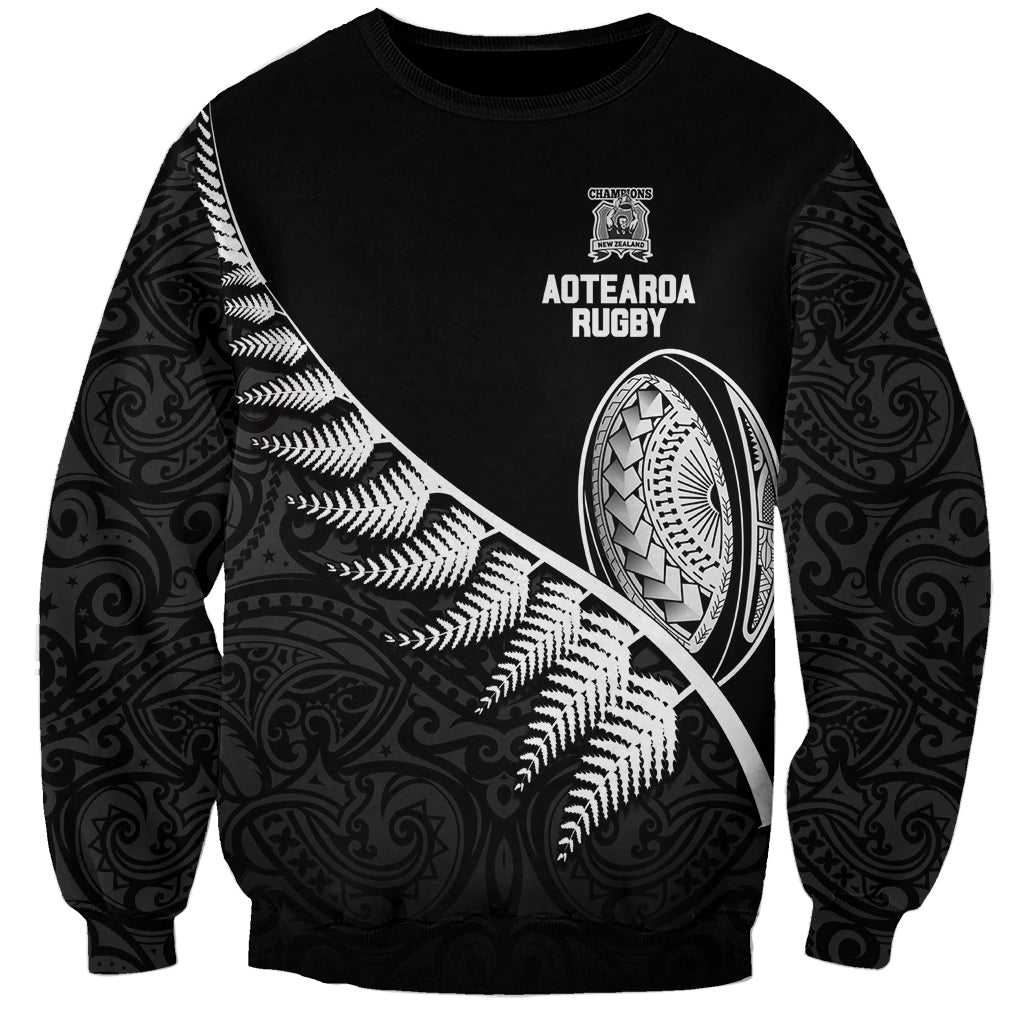 Custom New Zealand World Cup 2023 Sweatshirt Aotearoa Champion Rugby with Silver Fern Maori Ethnic Pattern LT03 Unisex Black - Polynesian Pride