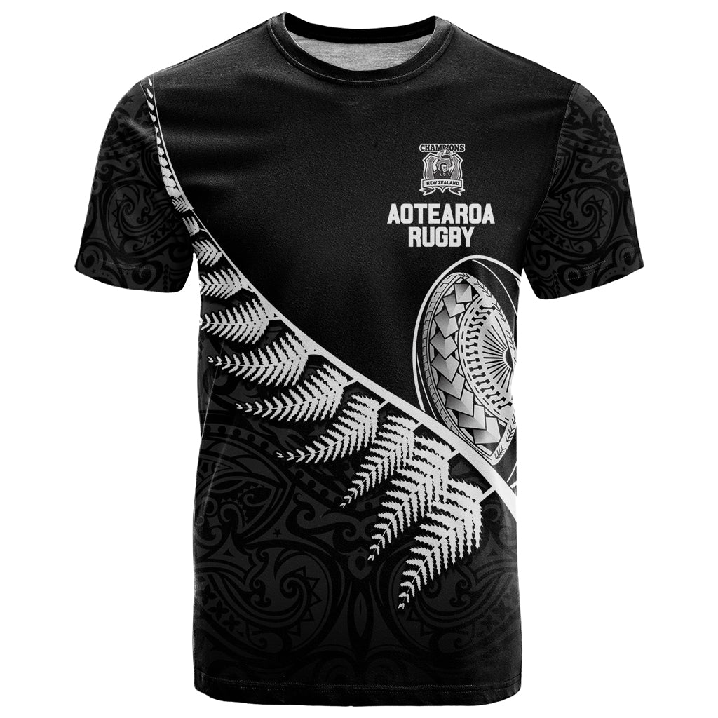 Custom New Zealand World Cup 2023 T Shirt Aotearoa Champion Rugby with Silver Fern Maori Ethnic Pattern LT03 Black - Polynesian Pride