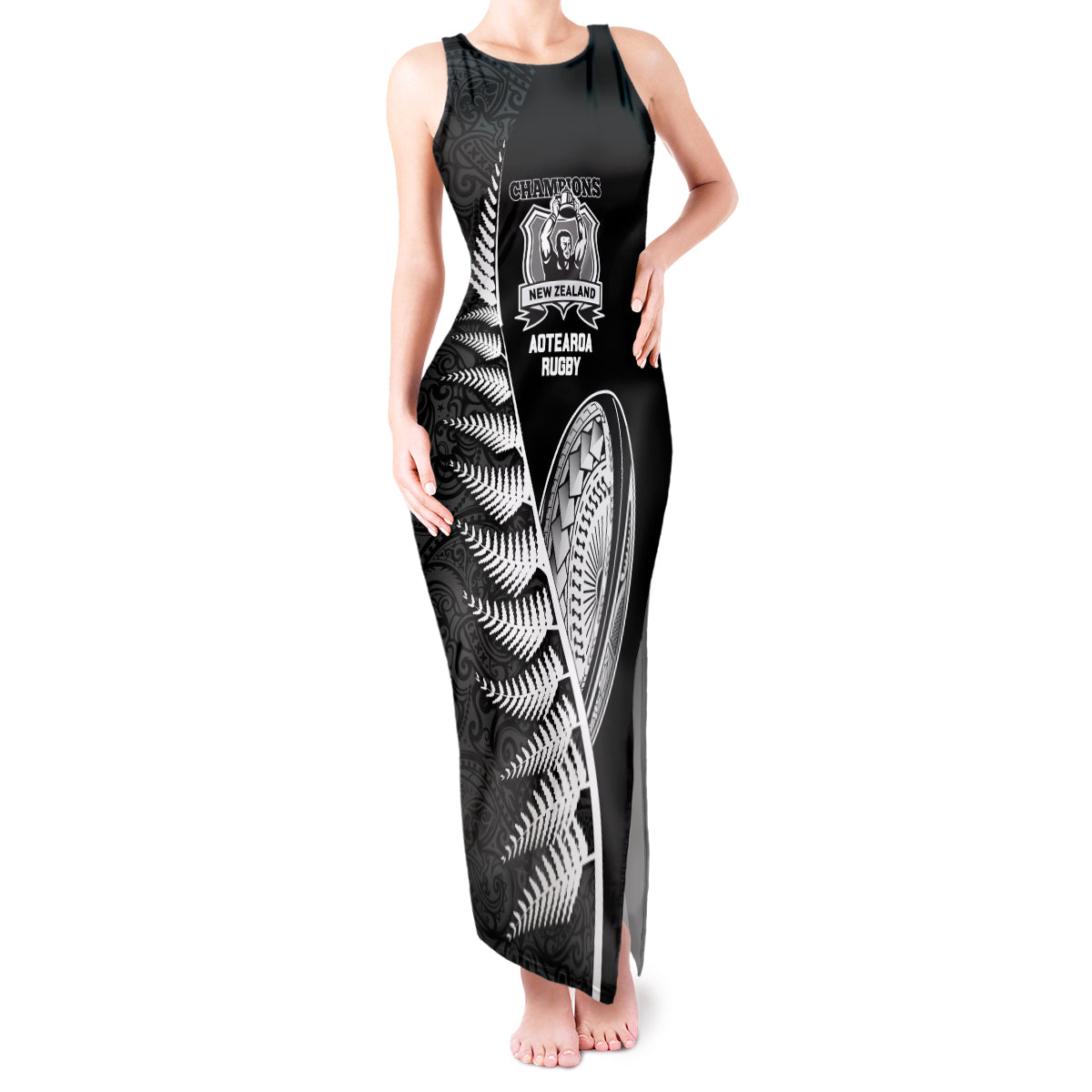 Custom New Zealand World Cup 2023 Tank Maxi Dress Aotearoa Champion Rugby with Silver Fern Maori Ethnic Pattern LT03 Women Black - Polynesian Pride