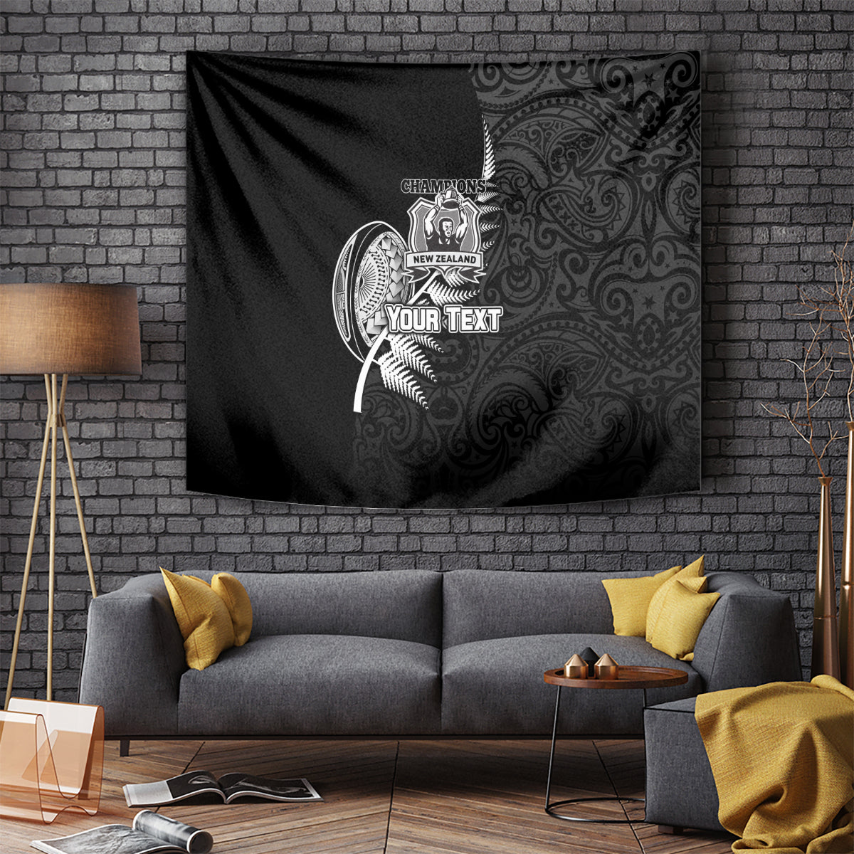 Custom New Zealand World Cup 2023 Tapestry Aotearoa Champion Rugby with Silver Fern Maori Ethnic Pattern LT03 Black - Polynesian Pride