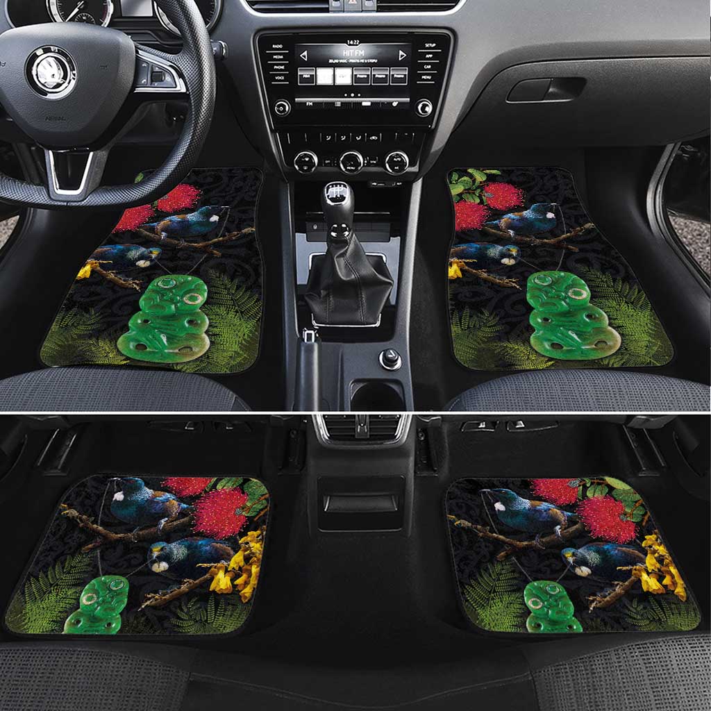 New Zealand Tui Car Mats Guardians of the Hei Tiki - Maori Art and Plants LT03 Set 4pcs Black - Polynesian Pride
