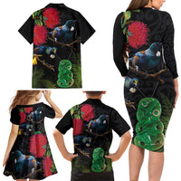 New Zealand Tui Family Matching Long Sleeve Bodycon Dress and Hawaiian Shirt Guardians of the Hei Tiki - Maori Art and Plants