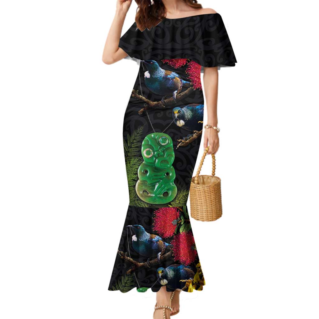 New Zealand Tui Family Matching Mermaid Dress and Hawaiian Shirt Guardians of the Hei Tiki - Maori Art and Plants