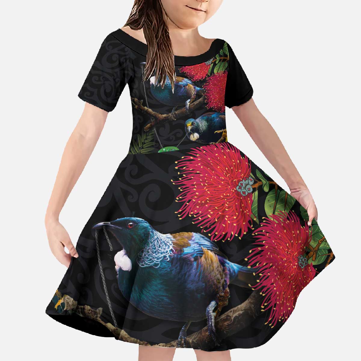 New Zealand Tui Family Matching Off The Shoulder Long Sleeve Dress and Hawaiian Shirt Guardians of the Hei Tiki - Maori Art and Plants