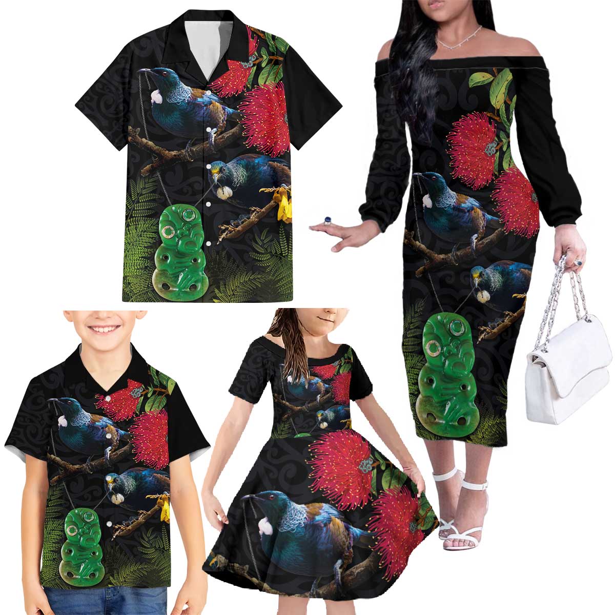 New Zealand Tui Family Matching Off The Shoulder Long Sleeve Dress and Hawaiian Shirt Guardians of the Hei Tiki - Maori Art and Plants