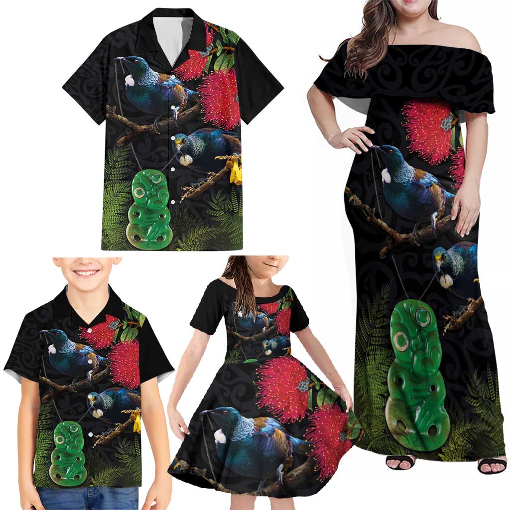 New Zealand Tui Family Matching Off Shoulder Maxi Dress and Hawaiian Shirt Guardians of the Hei Tiki - Maori Art and Plants