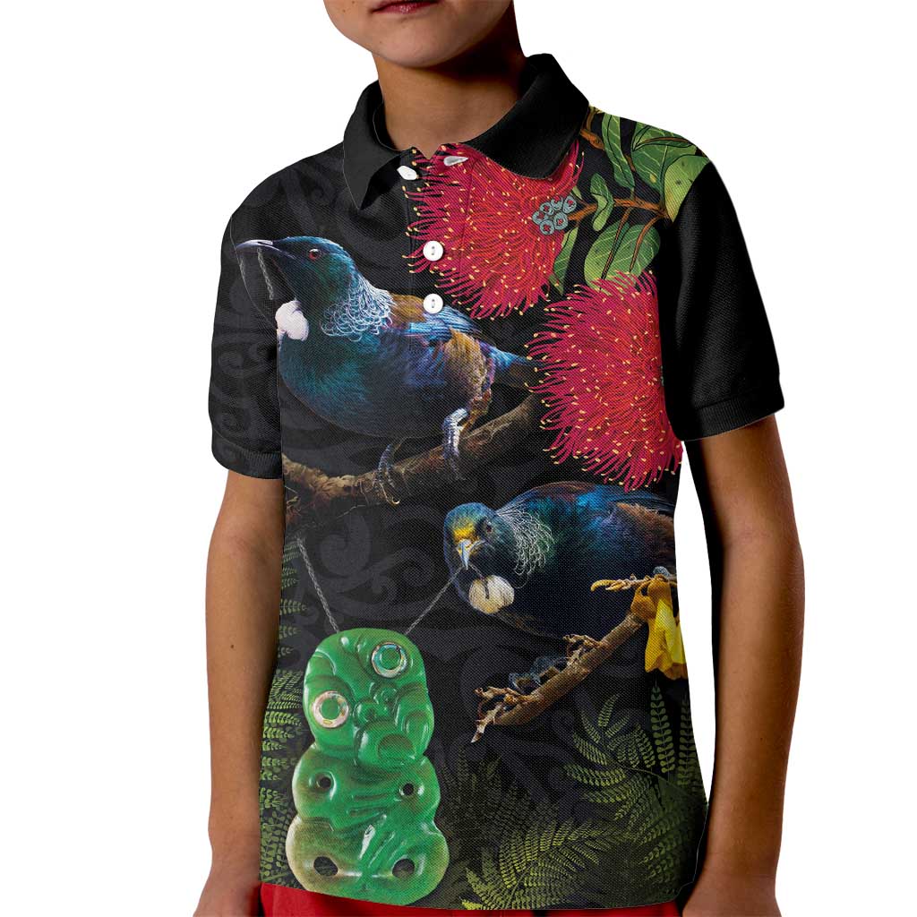 New Zealand Tui Kid Polo Shirt Guardians of the Hei Tiki - Maori Art and Plants