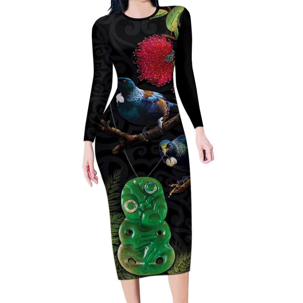 New Zealand Tui Long Sleeve Bodycon Dress Guardians of the Hei Tiki - Maori Art and Plants