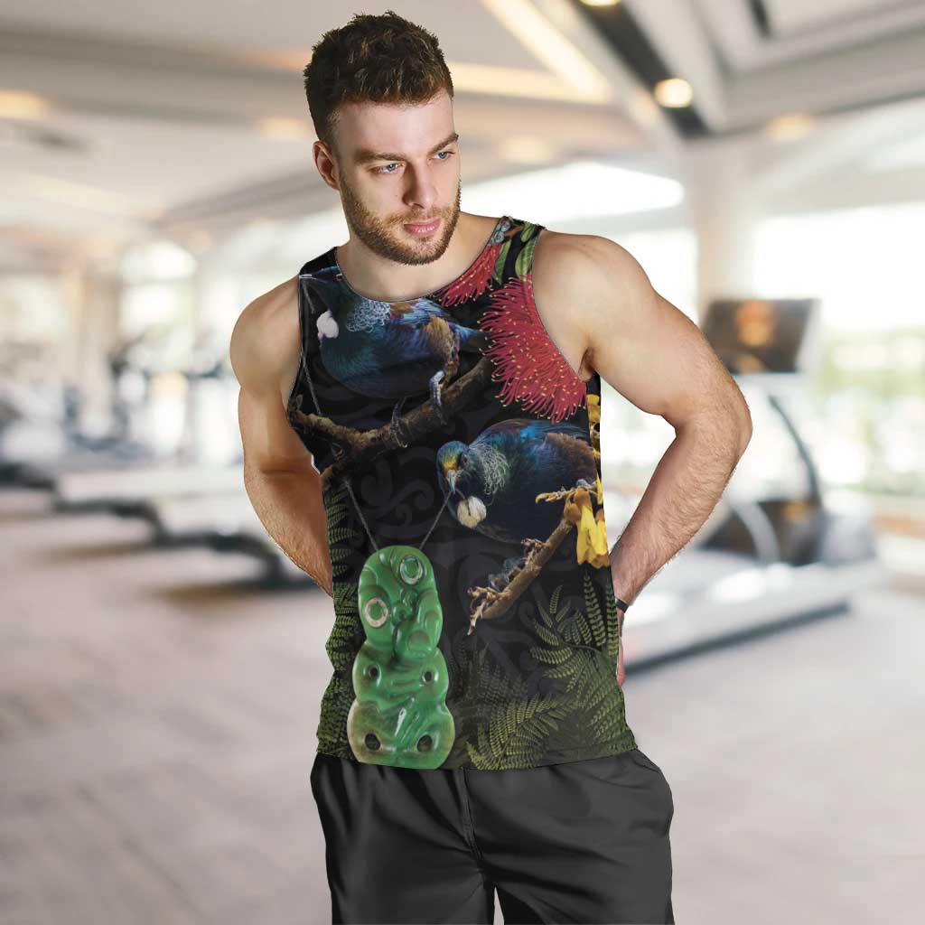 New Zealand Tui Men Tank Top Guardians of the Hei Tiki - Maori Art and Plants LT03 Black - Polynesian Pride