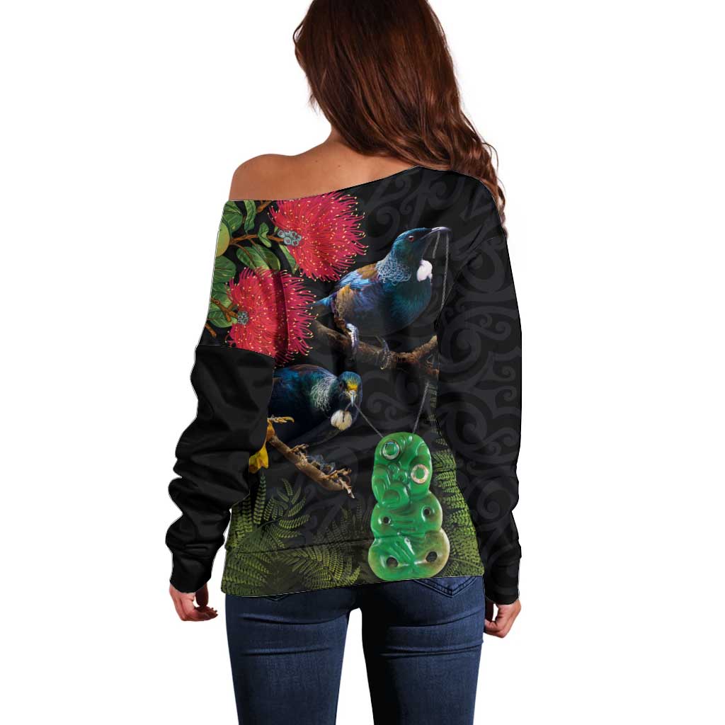 New Zealand Tui Off Shoulder Sweater Guardians of the Hei Tiki - Maori Art and Plants