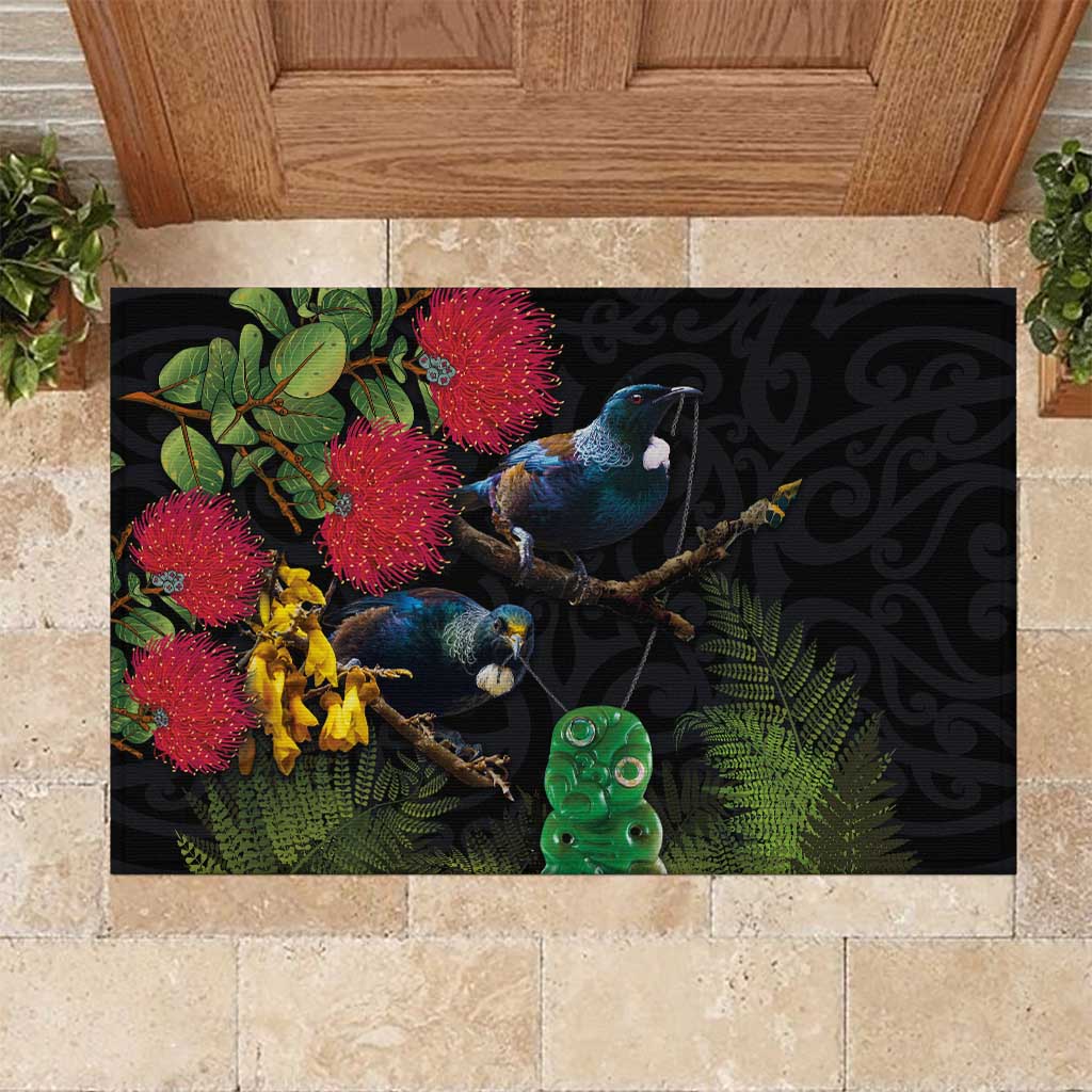 New Zealand Tui Rubber Doormat Guardians of the Hei Tiki - Maori Art and Plants