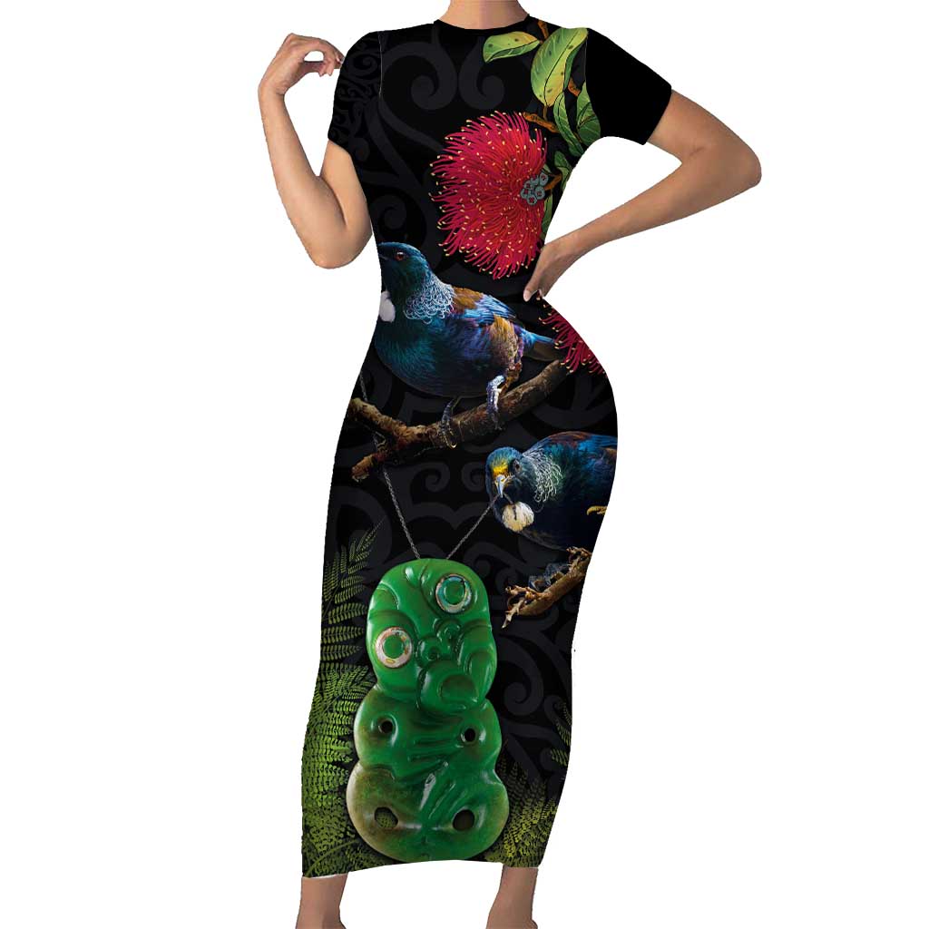 New Zealand Tui Short Sleeve Bodycon Dress Guardians of the Hei Tiki - Maori Art and Plants